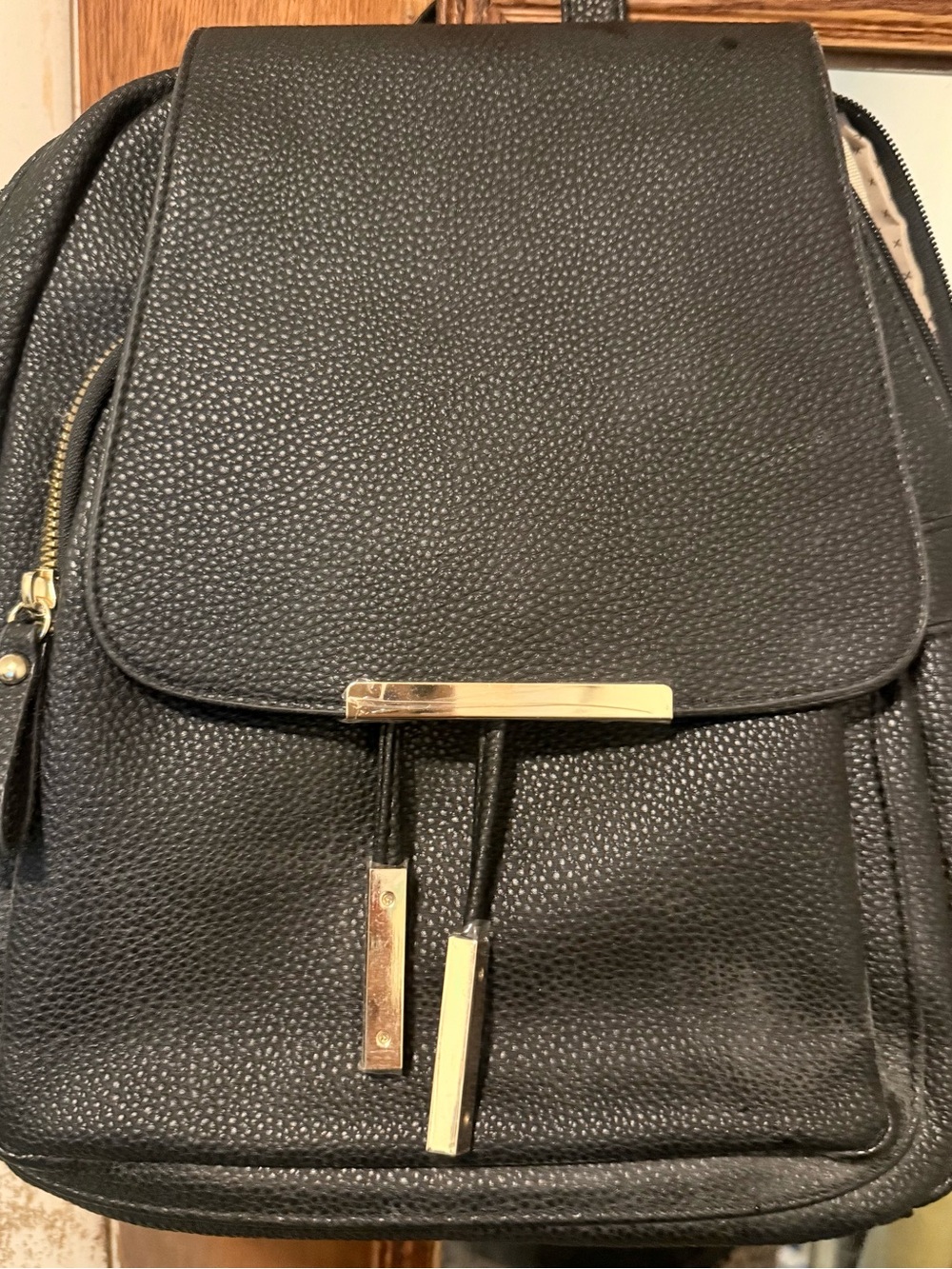 Black Women’s Pebbled Faux Leather Backpack with Gold Hardware